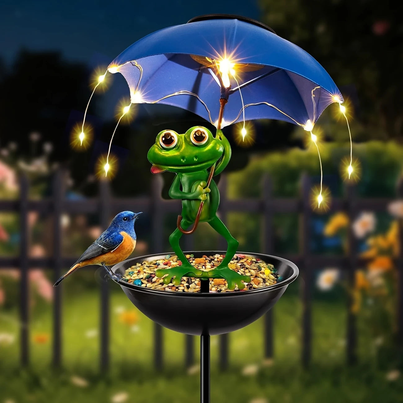 Frog Statue Solar Street Light, Outdoor Bird Feeder, Garden Decoration with LED Light String, Hummingbird Feeder Channel Light, Suitable for Aisles, Lawns, Terraces