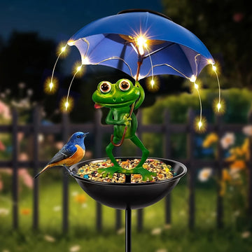 Frog Statue Solar Street Light, Outdoor Bird Feeder, Garden Decoration with LED Light String, Hummingbird Feeder Channel Light, Suitable for Aisles, Lawns, Terraces