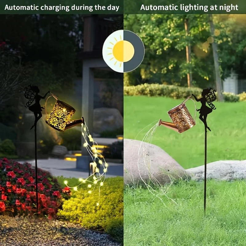 2pcs/1pc Solar Fairy Waterfall Lamp - Metal Kettle Garden Decoration, with LED Streamer Light, Very Suitable for Courtyard, Lawn and Outdoor Solar Stake Lights, IPX44, Yard Passage Lawn Decorative Lighting