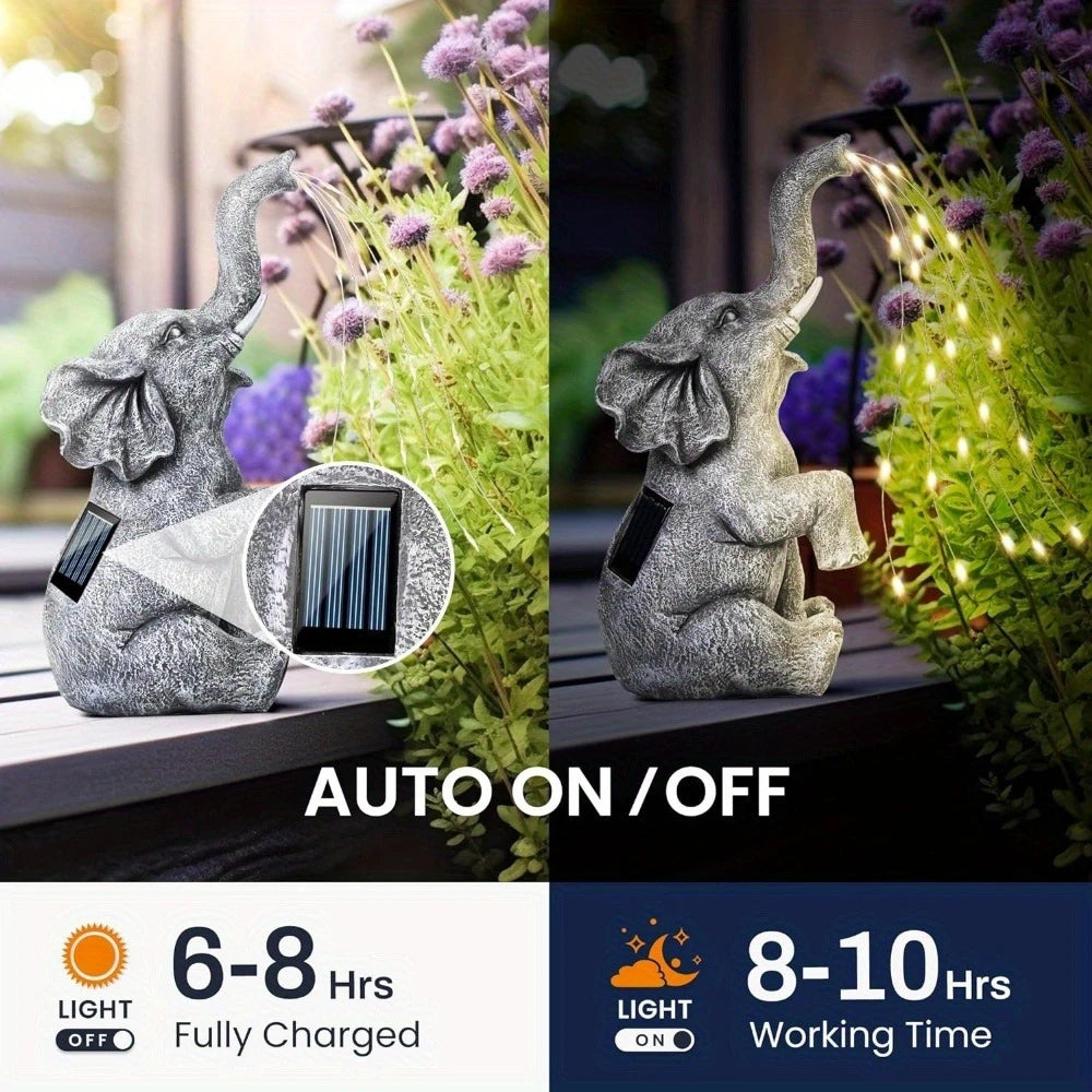 Solar Powered Elephant Statue Garden Decor With Flickering String LED Outdoor Decoration For Patio, Balcony, Yard, Lawn