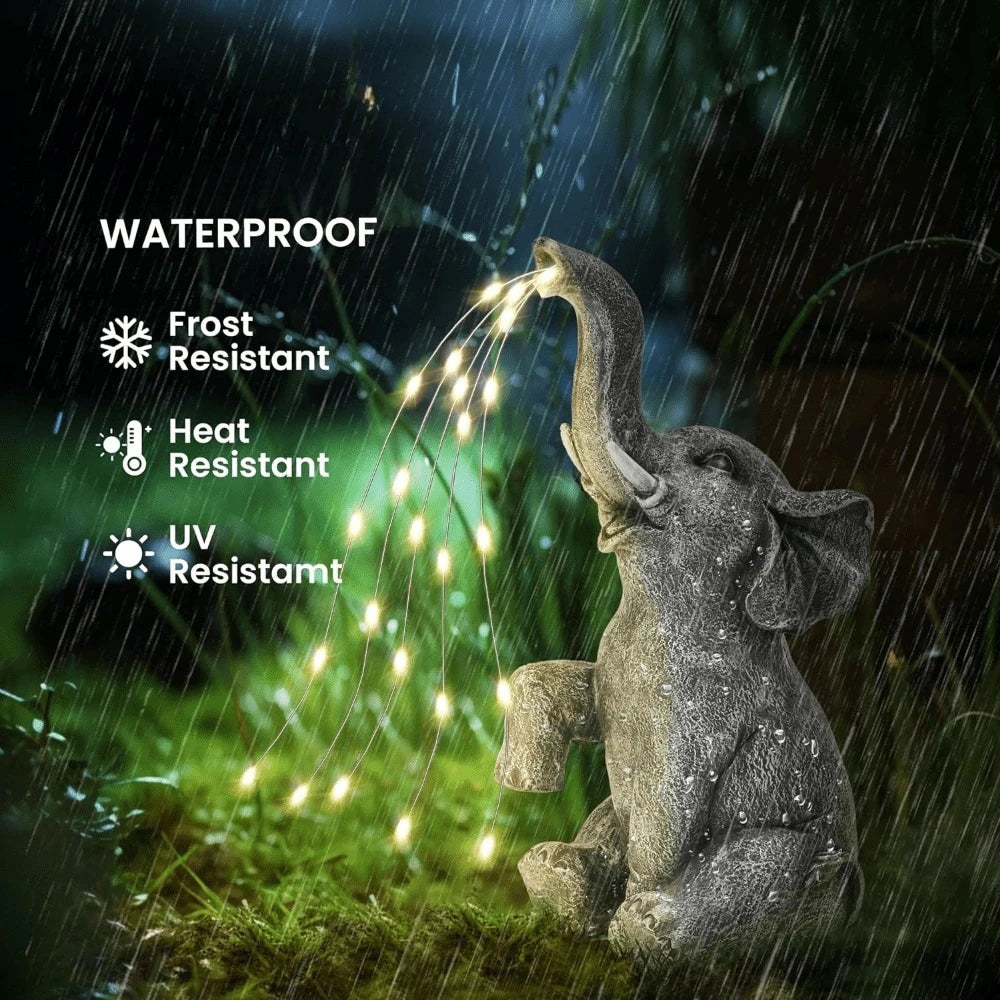 Solar Powered Elephant Statue Garden Decor With Flickering String LED Outdoor Decoration For Patio, Balcony, Yard, Lawn