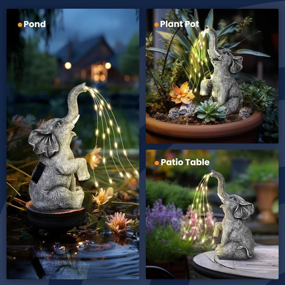 Solar Powered Elephant Statue Garden Decor With Flickering String LED Outdoor Decoration For Patio, Balcony, Yard, Lawn