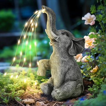 Solar Powered Elephant Statue Garden Decor With Flickering String LED Outdoor Decoration For Patio, Balcony, Yard, Lawn