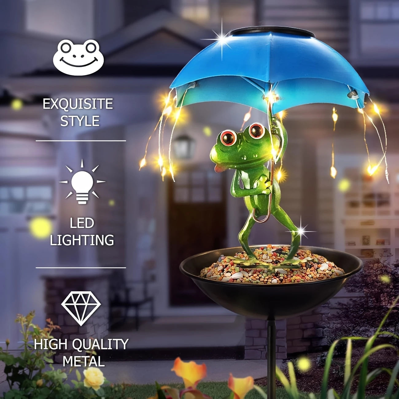 Frog Statue Solar Street Light, Outdoor Bird Feeder, Garden Decoration with LED Light String, Hummingbird Feeder Channel Light, Suitable for Aisles, Lawns, Terraces