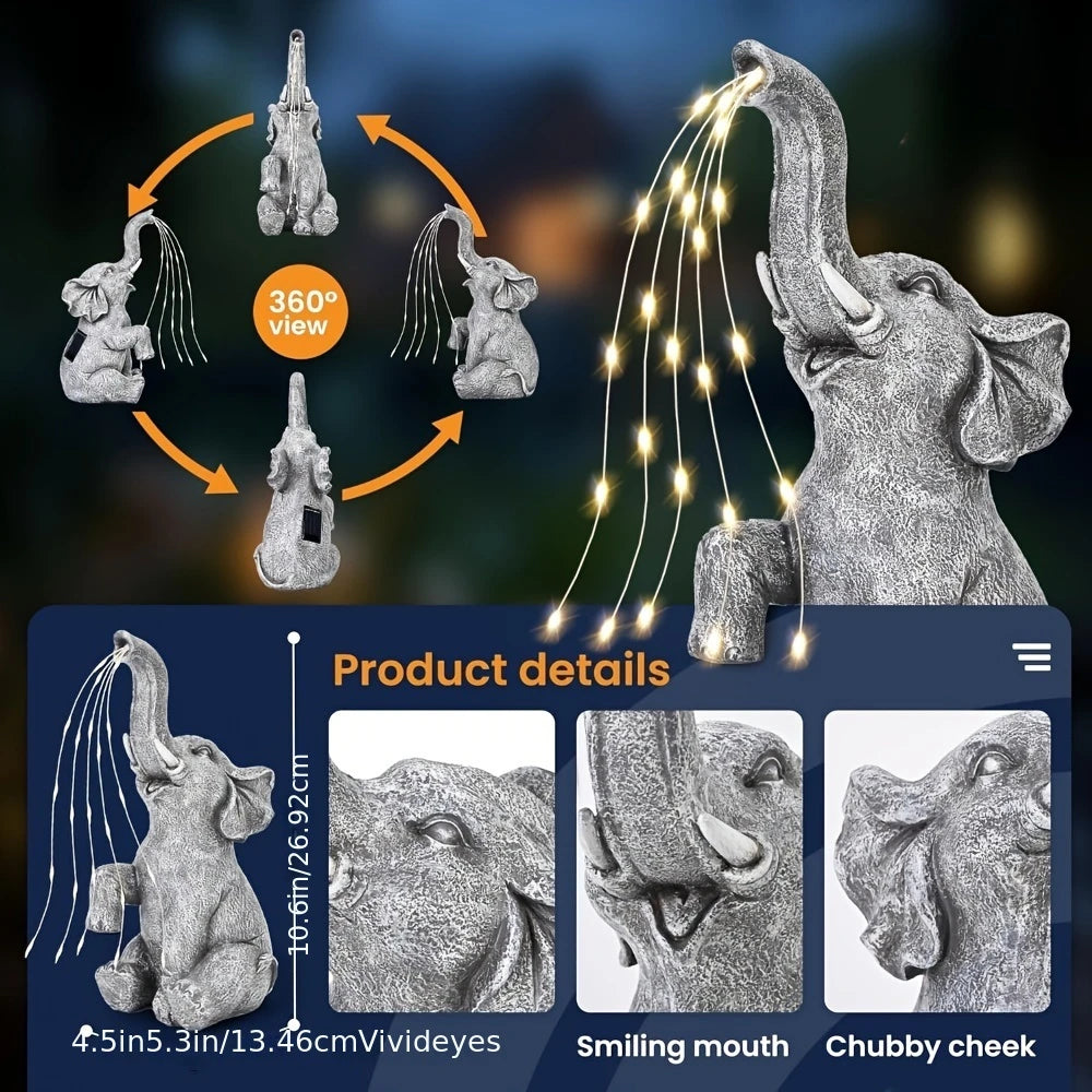 Solar Powered Elephant Statue Garden Decor With Flickering String LED Outdoor Decoration For Patio, Balcony, Yard, Lawn